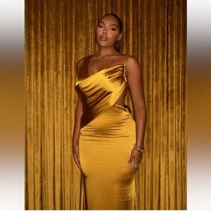 JLUXLABEL Gold One-Shoulder Dress